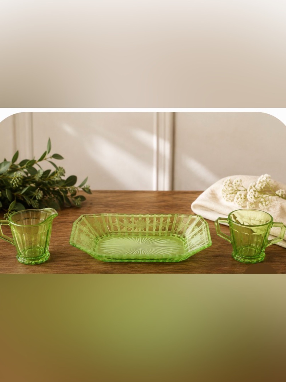 Green Cut Glass Decorative Serving Tray